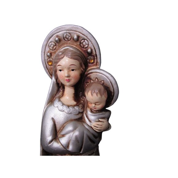Vintage Papier Mache Madonna With Child Figurine Silver Tone Rhinestone Accents - Picture 3 of 16